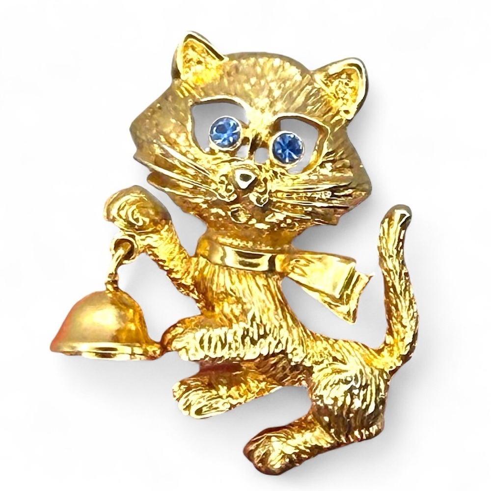 Vintage Avon Cat Bell Brooch Pin Gold Tone Rhinestone Eyes Signed Frisky Kitty